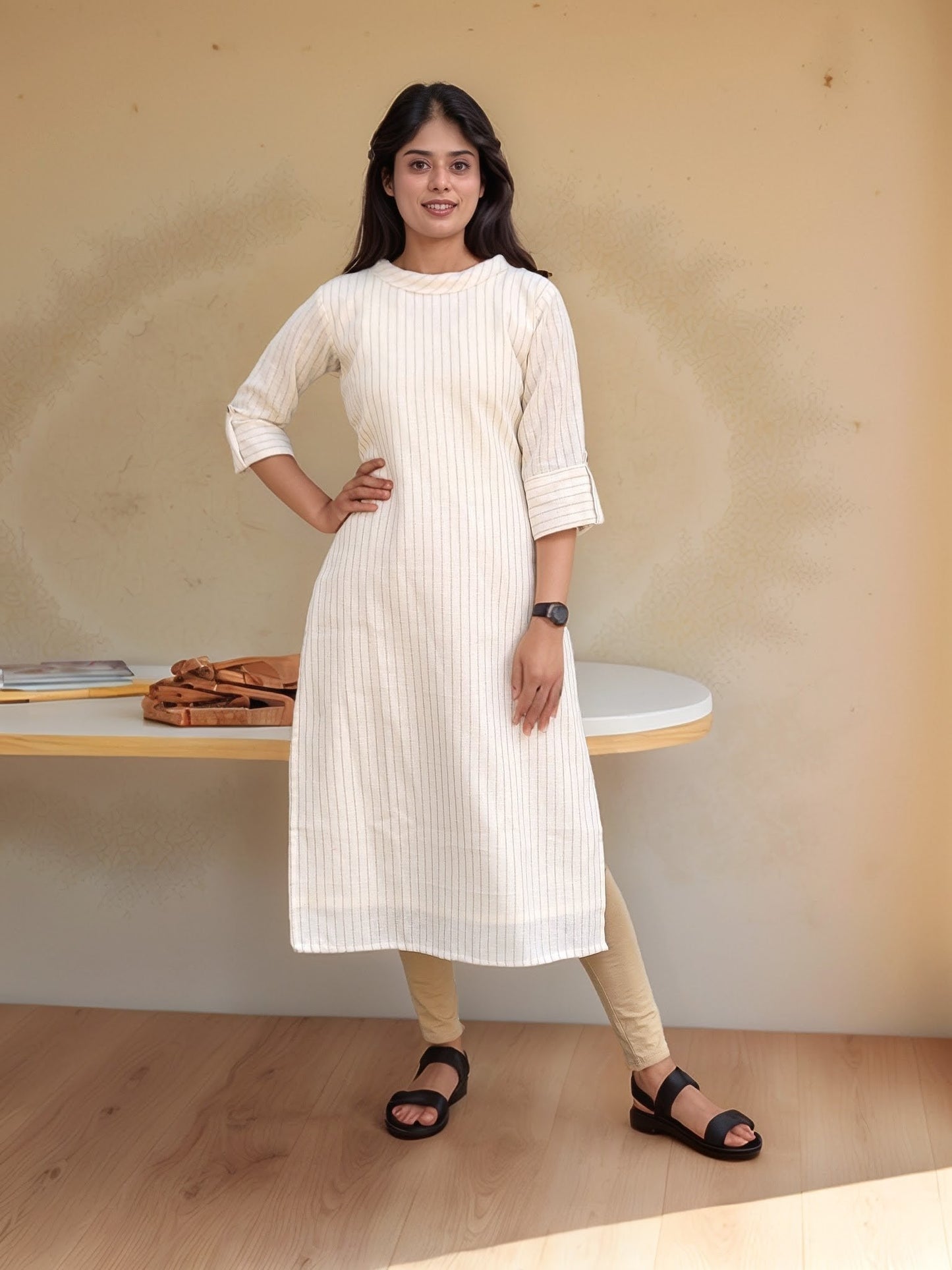 Cream shaded striped natural linen slitted kurti with folded collar MBS-781 ** Ready to dispatch **