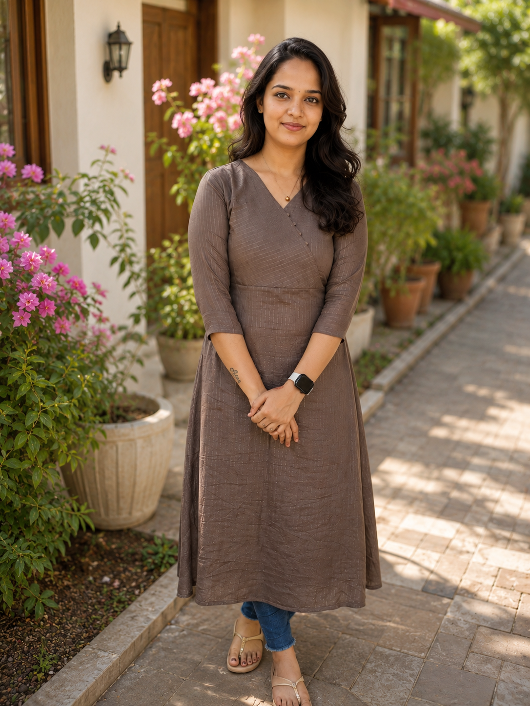 Taupe brown shaded lurex lined Aline kurti MBS-1183 **Ready to dispatch**