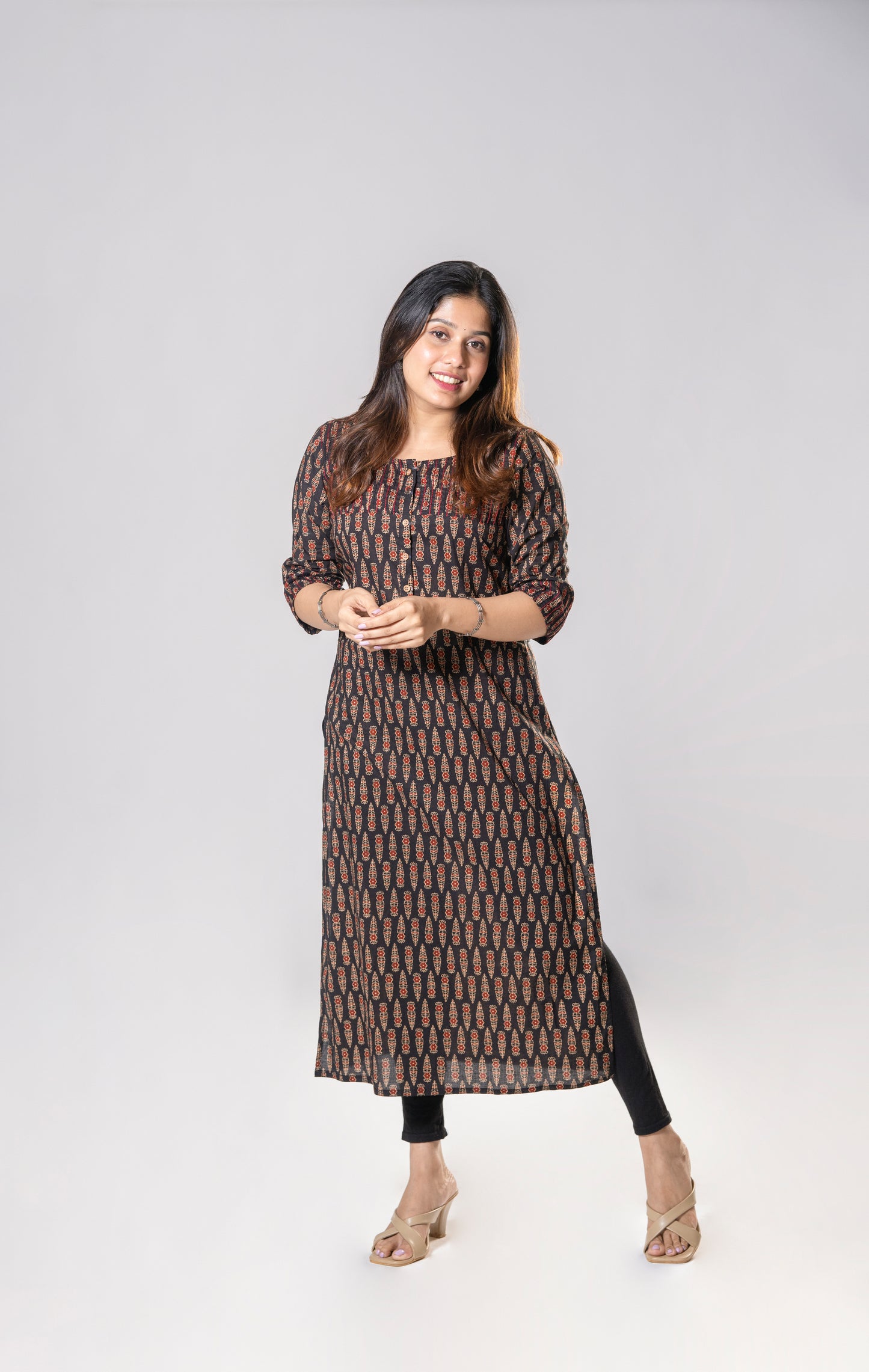 Black soft cotton  kurti with anchor thread and pintuck detailing on yoke and sleeves MBS-R193