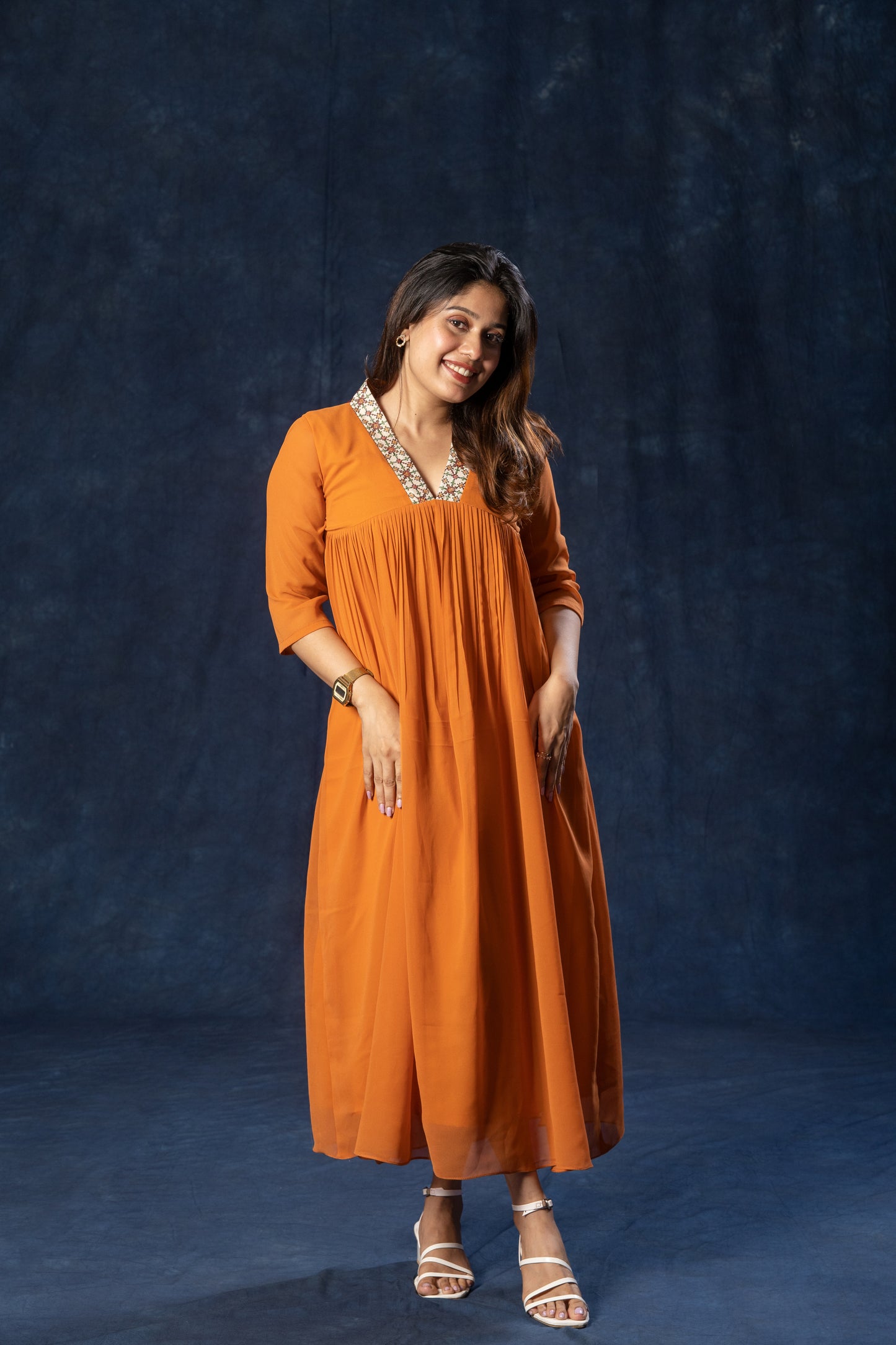 Alia cut A-line georgette kurti with thread worked collar in rust orange shade MBS-R188