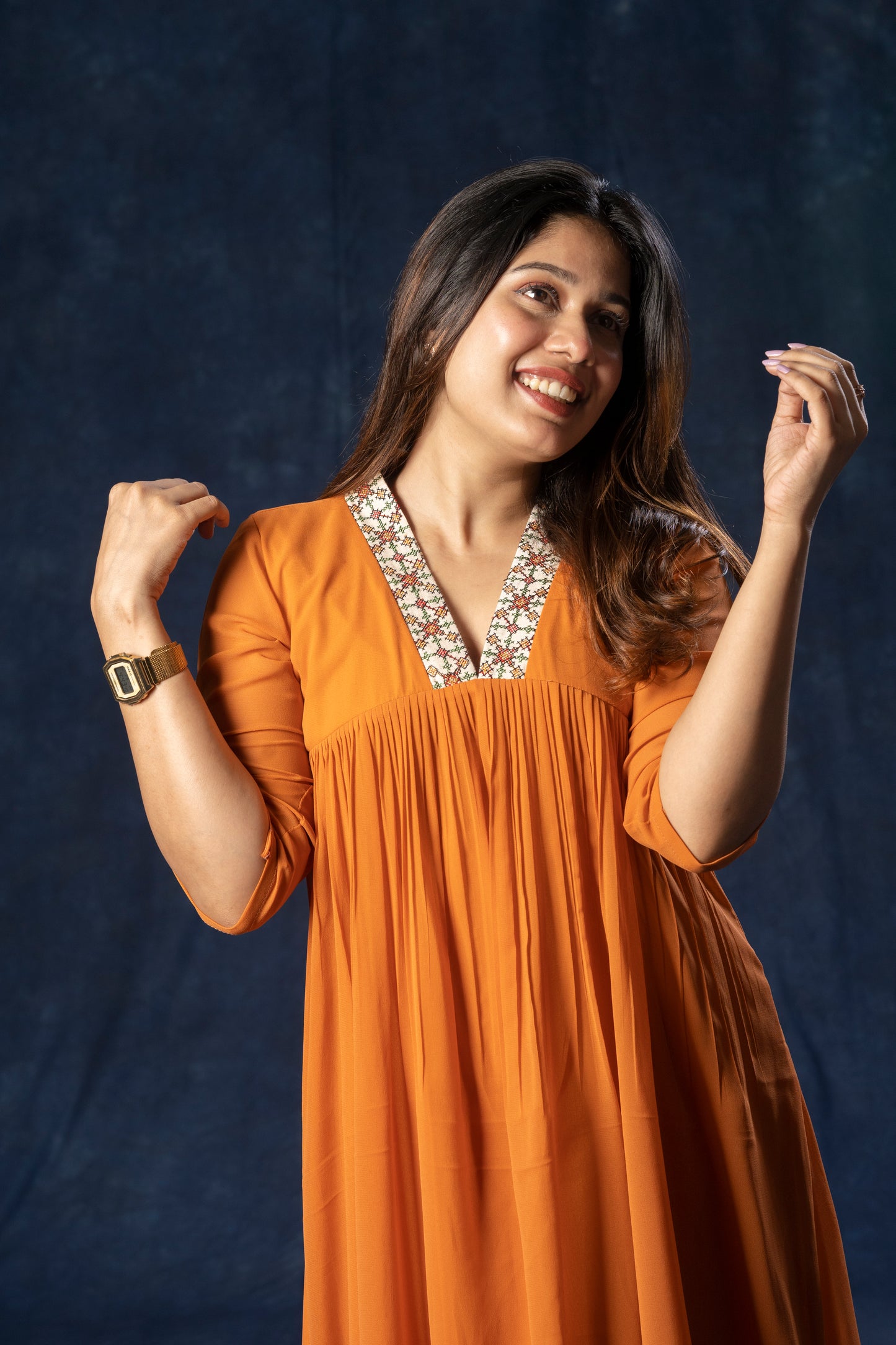 Alia cut A-line georgette kurti with thread worked collar in rust orange shade MBS-R188