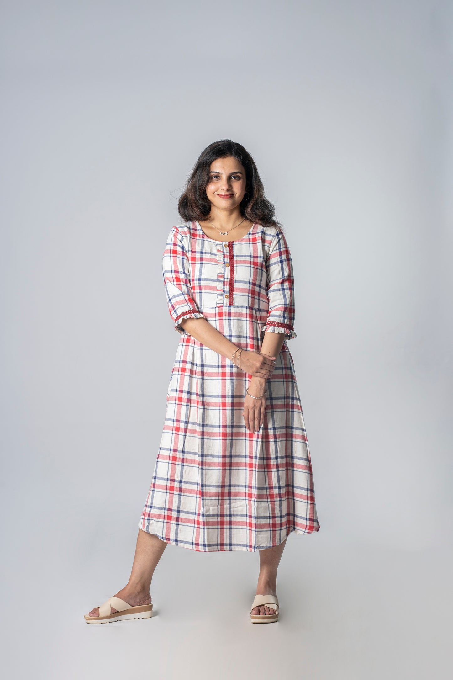 White and red checks dress/A-line kurti with box pleats  MBS-R240