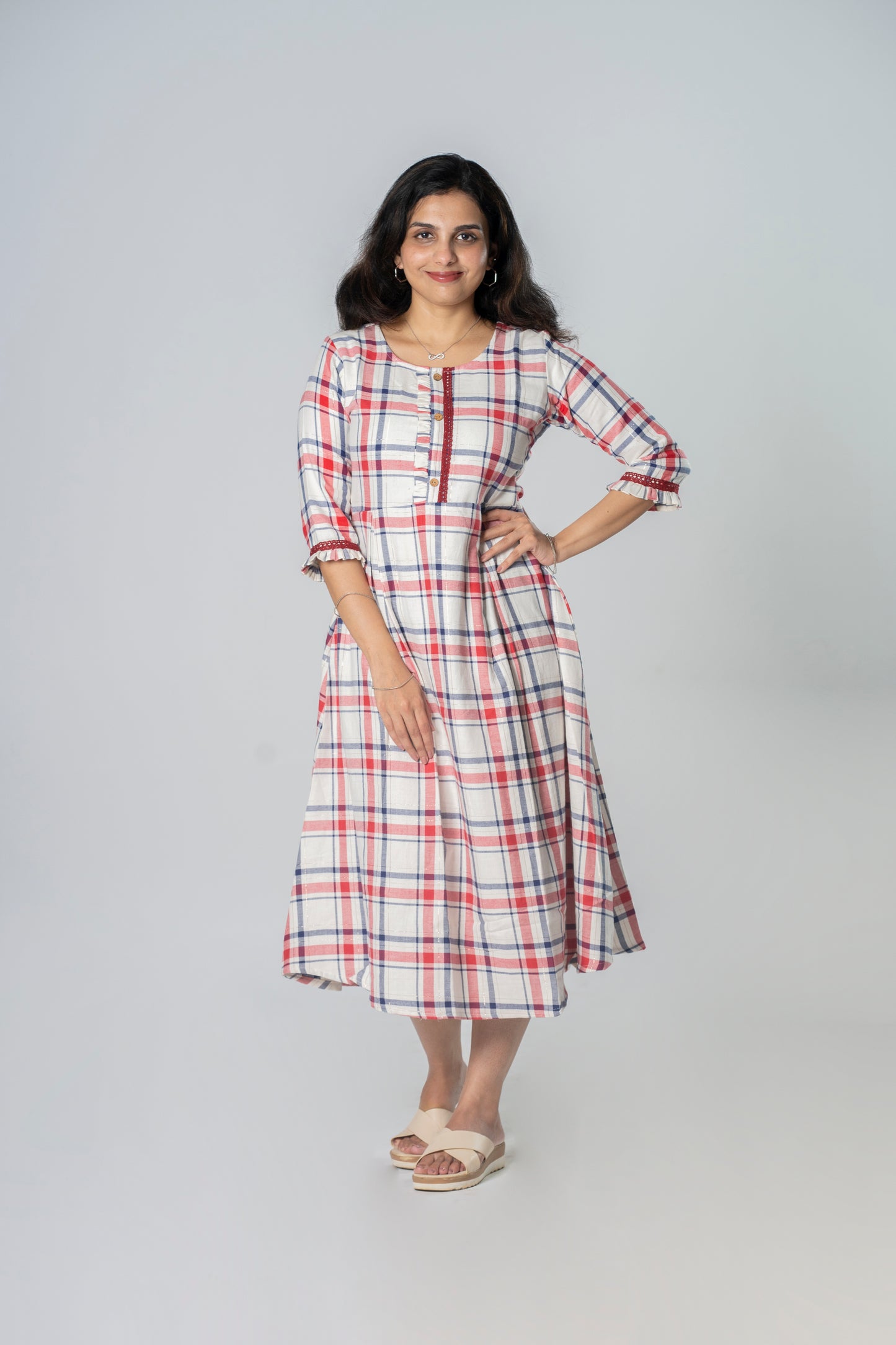 White and red checks dress/A-line kurti with box pleats  MBS-R240