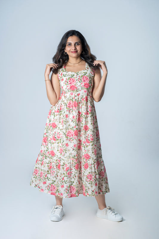 Floral printed pure cotton multi-layered dress MBS-R223
