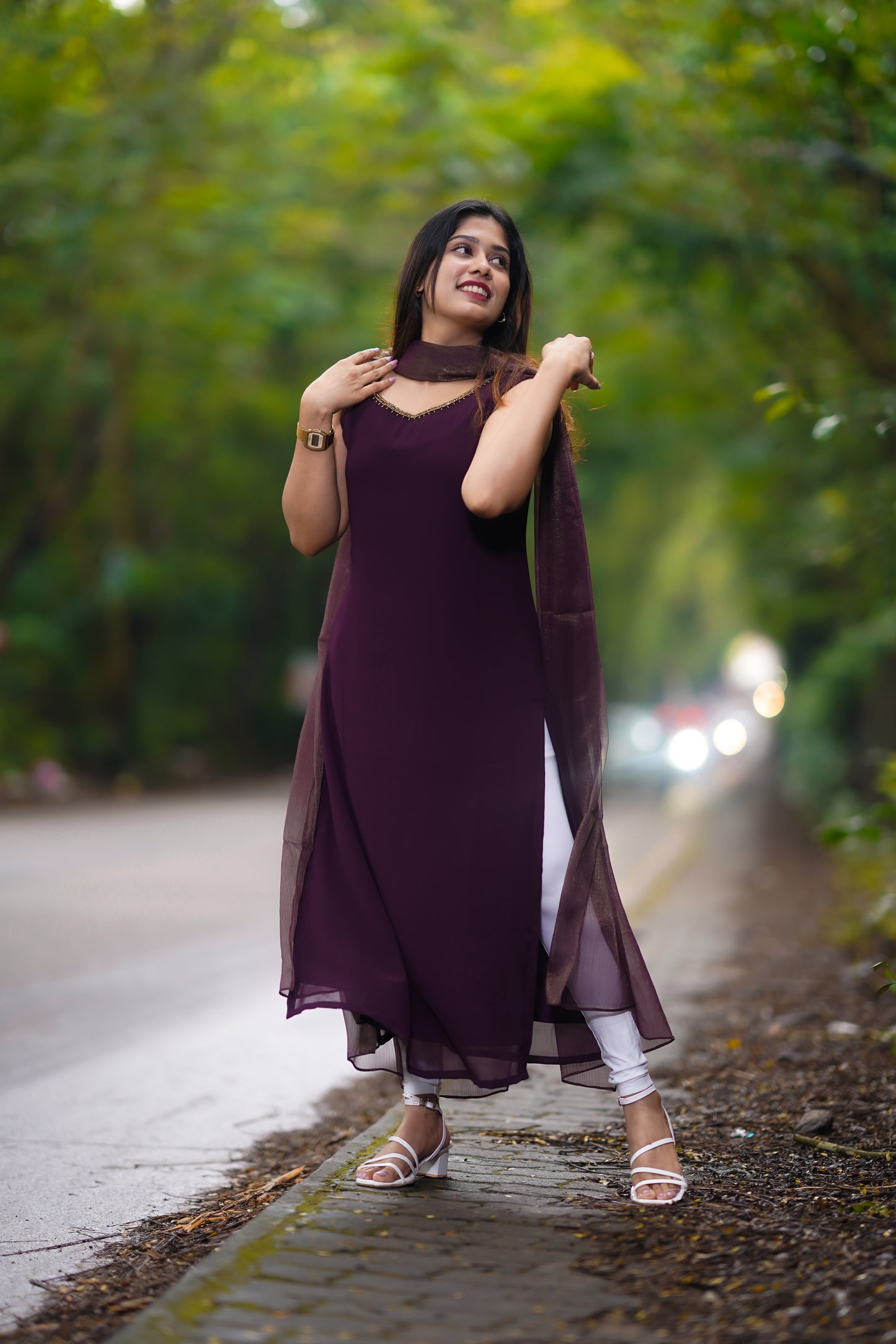 Dark grape georgette slitted kurti with handworked neck MBS-R183