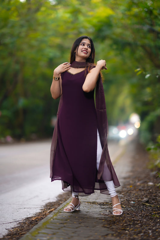 Dark grape georgette slitted kurti with handworked neck and dupatta MBS-R183