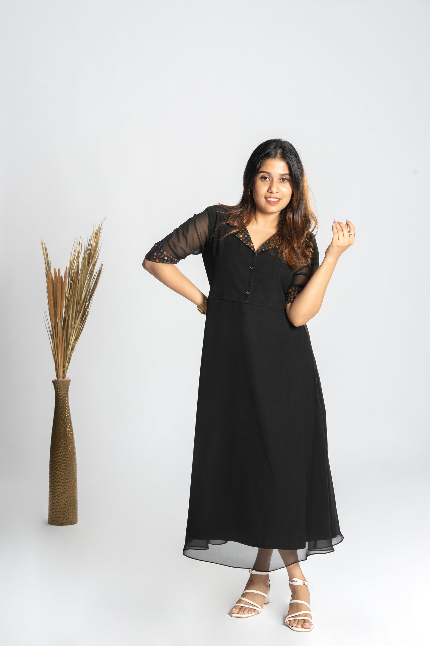 Black georgette Aline kurti with multi colour thread worked collar neck MBS-R190