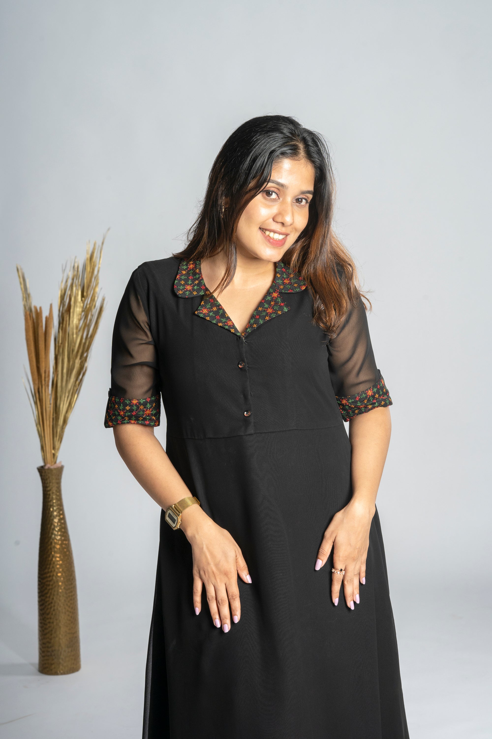 Black georgette Aline kurti with multi colour thread worked collar neck MBS R190 Ready to Dispatch