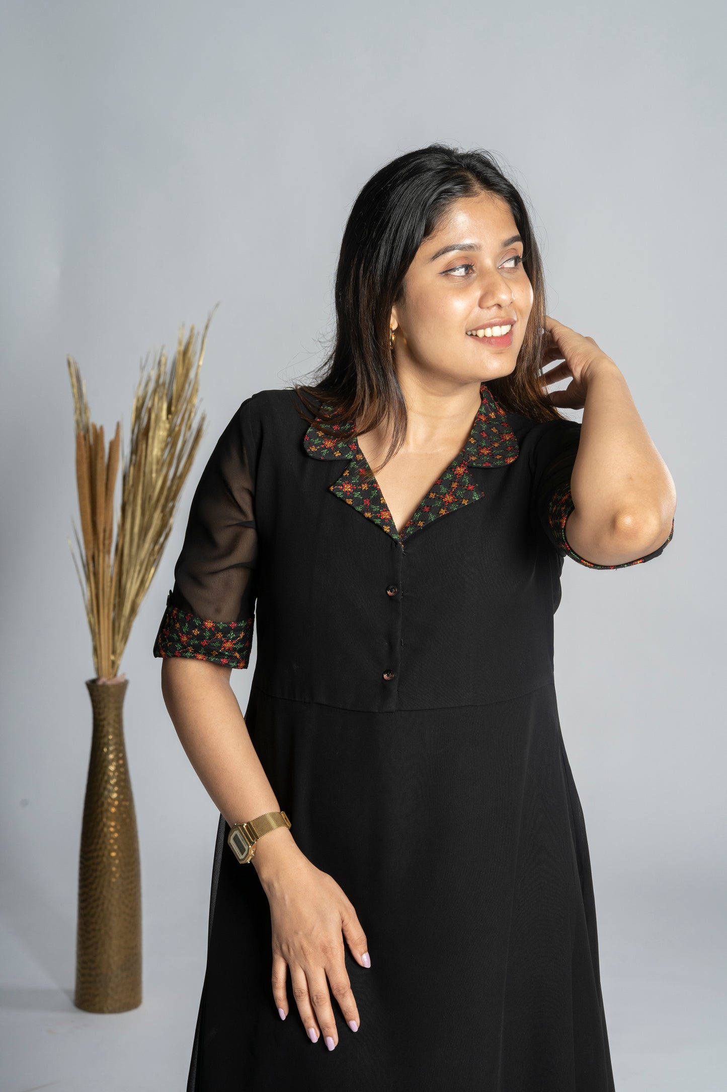 Black georgette Aline kurti with multi colour thread worked collar neck MBS-R190