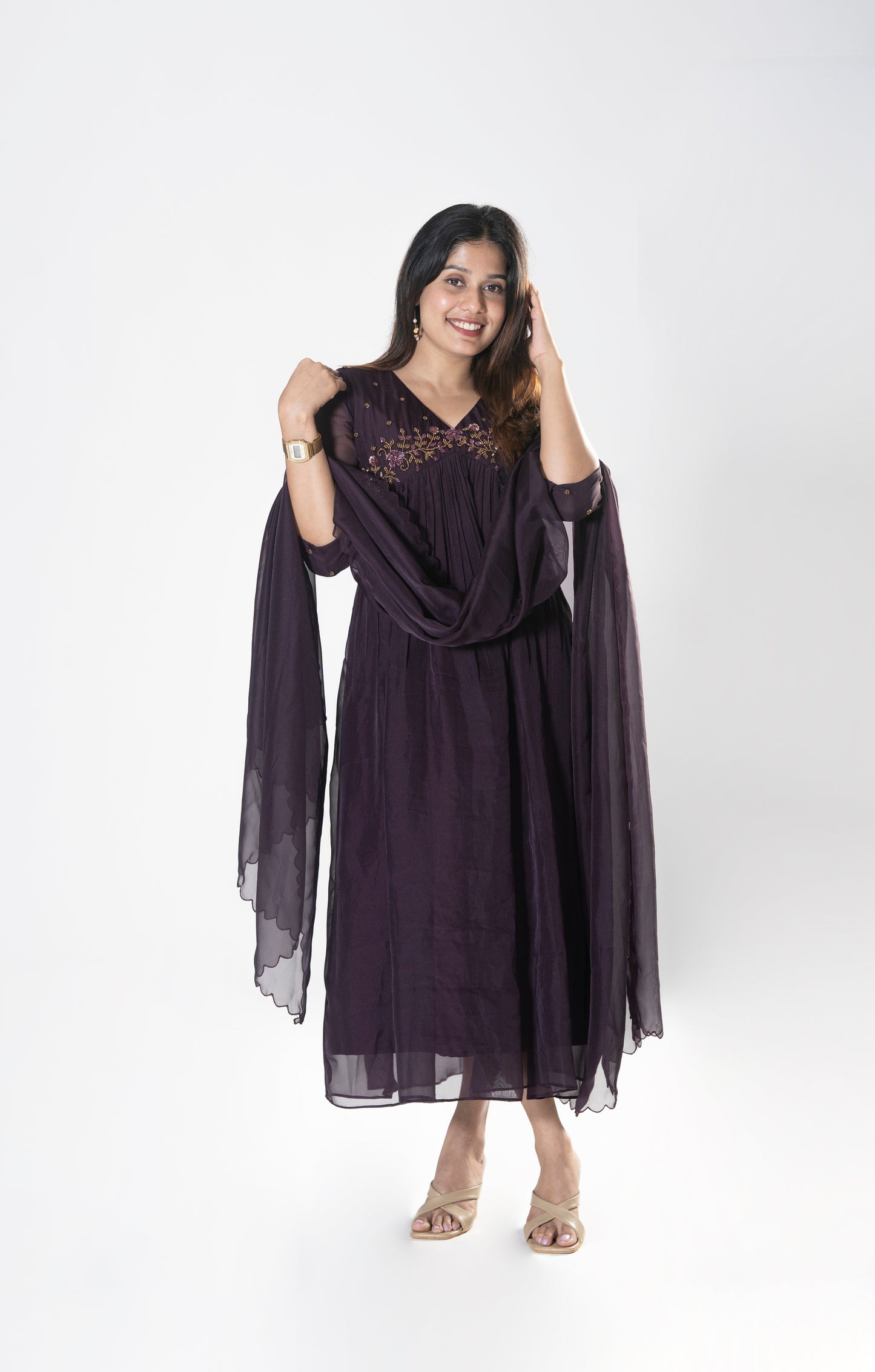 Alia cut A-line soft organza partywear kurti in jamun shade with handworked yoke,sleeves and scalloped dupatta MBS-R191
