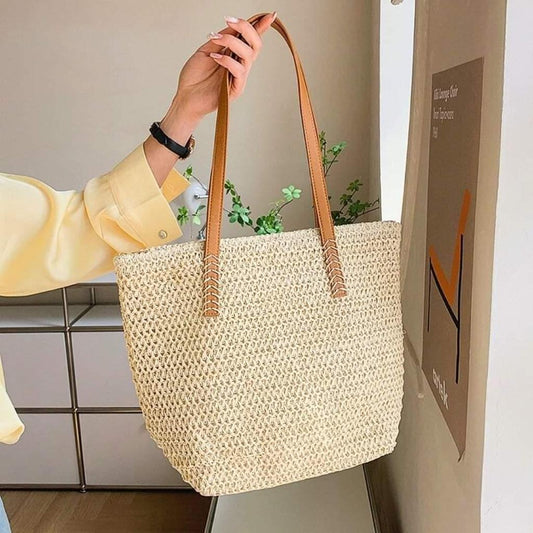 Cream Large Straw Woven Tote Bag with Leather Straps FA09
