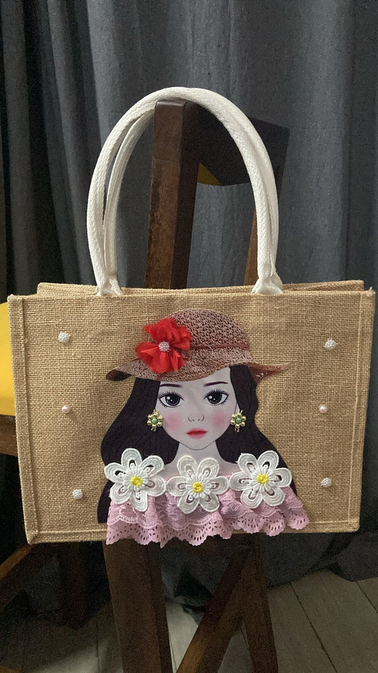 hand made jute bag with a girl print design FA12