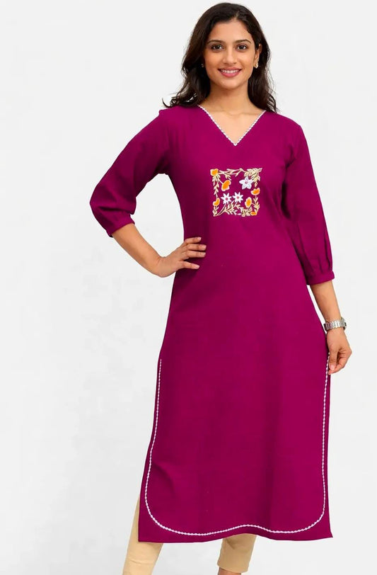 Dark grape flex cotton slitted kurti with embroidery derailings on yoke and hemline MBS1397 **Ready to dispatch**