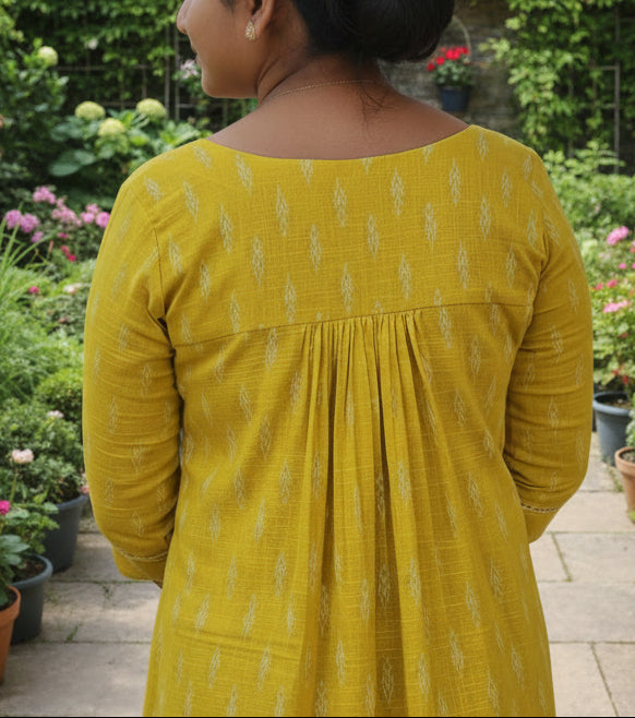 Yellow shaded slub cotton kurti with anchor thread detailed neck and pintucked yoke  MBS-786 **ready to dispatch**