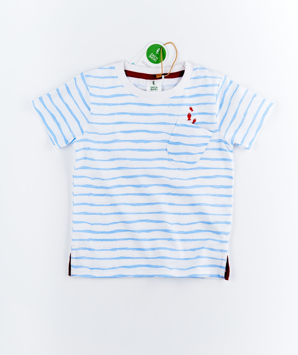 Kids Stripe Print Tee with tilted Pocket and Fish Print