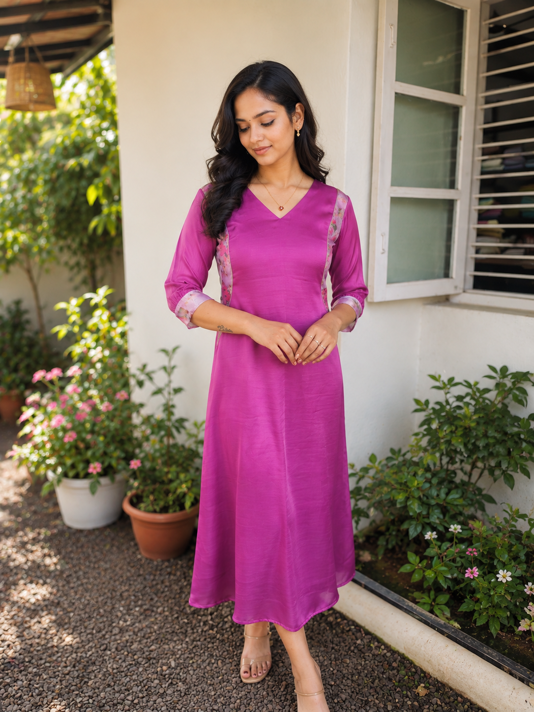 Amaranth shaded crepe silk Aline kurti with floral patch MBS-1163 **Ready to dispatch**