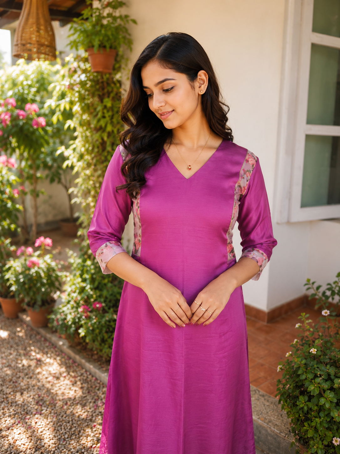 Amaranth shaded crepe silk Aline kurti with floral patch MBS-1163 **Ready to dispatch**