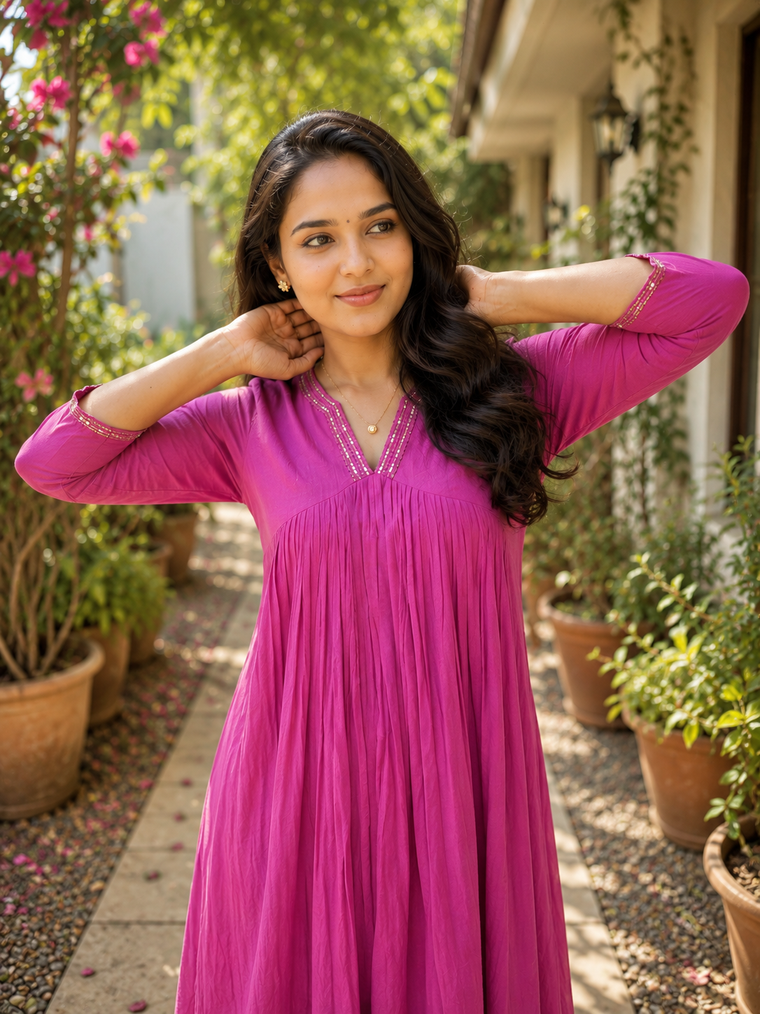 Amaranth purple mul cotton Aline Kurti with hand embroidered neckline and sleeves MBS-1408 **Ready to dispatch**