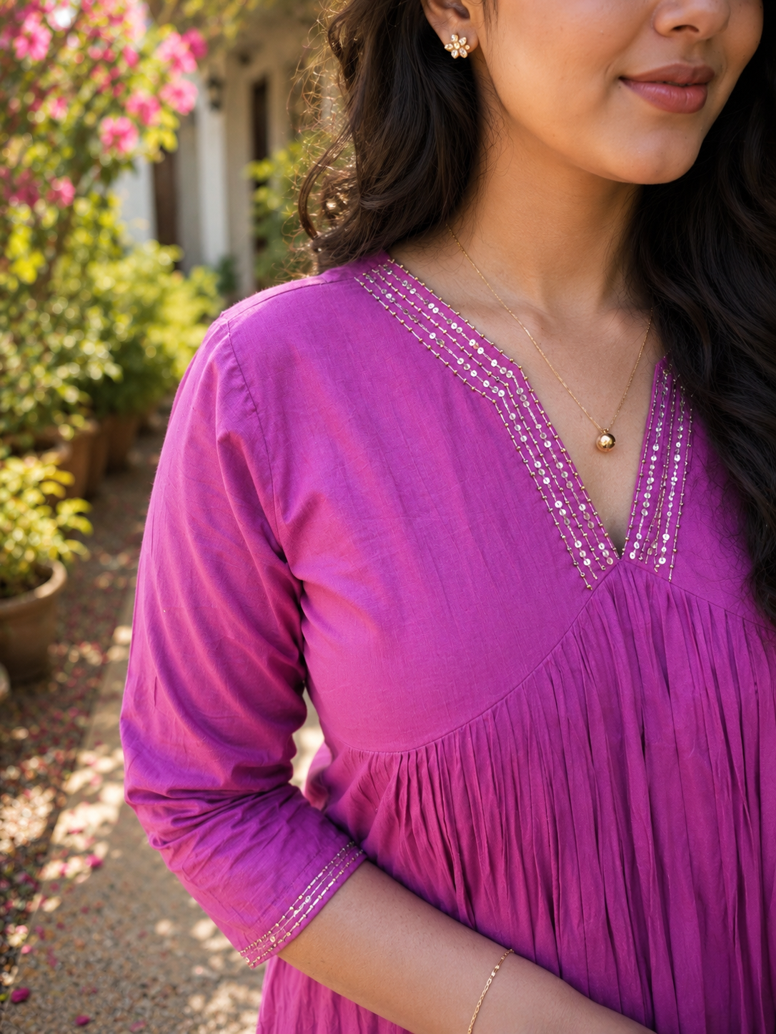 Amaranth purple mul cotton Aline Kurti with hand embroidered neckline and sleeves MBS-1408 **Ready to dispatch**