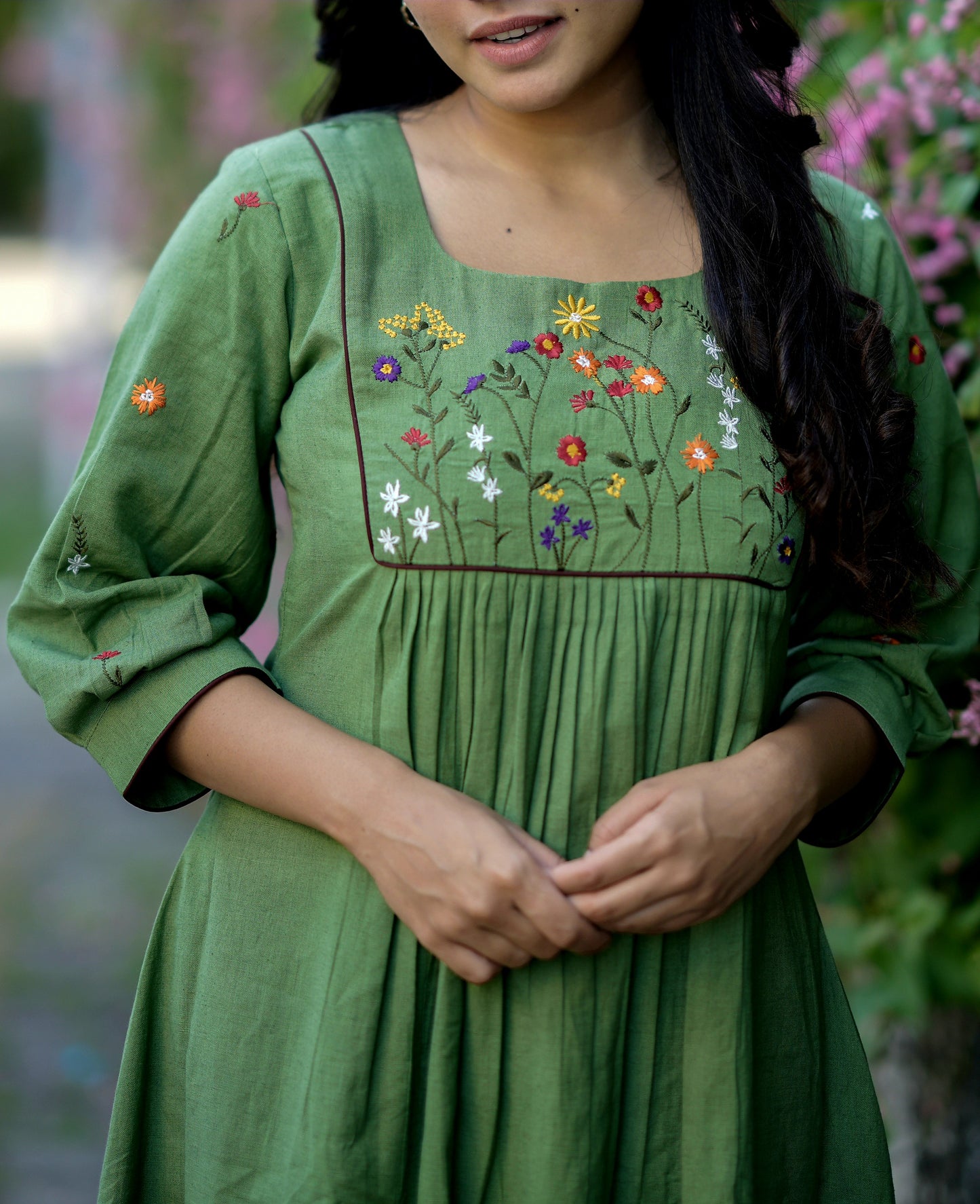 Green cotton flex lining kurti with floral embroidered yoke and gathers MBS-694