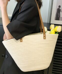 Beige Large Vacation Straw Bag with Plain Studded Detail for Style