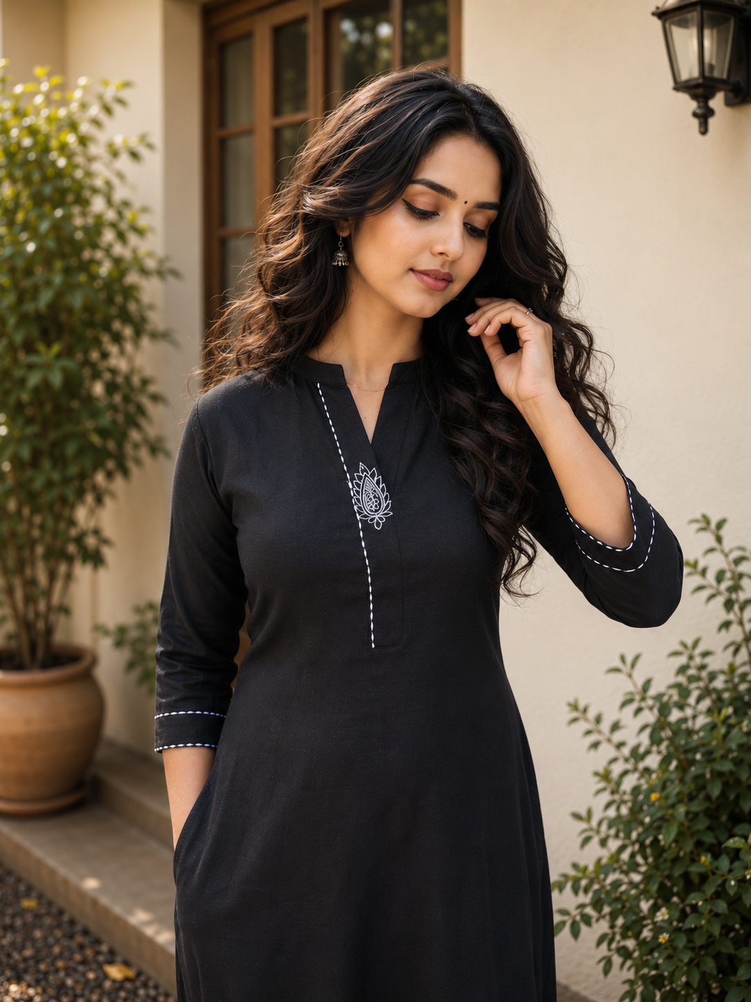 Black flex Aline kurti with thread detailed neckline and sleeves MBS-1180