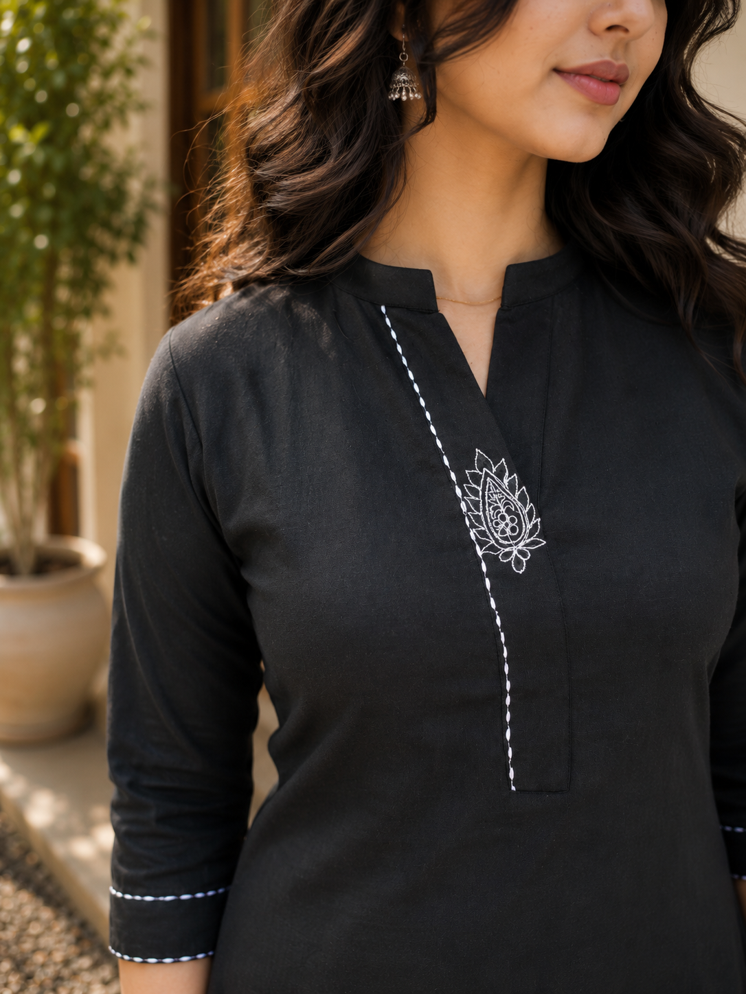 Black flex Aline kurti with thread detailed neckline and sleeves MBS-1180