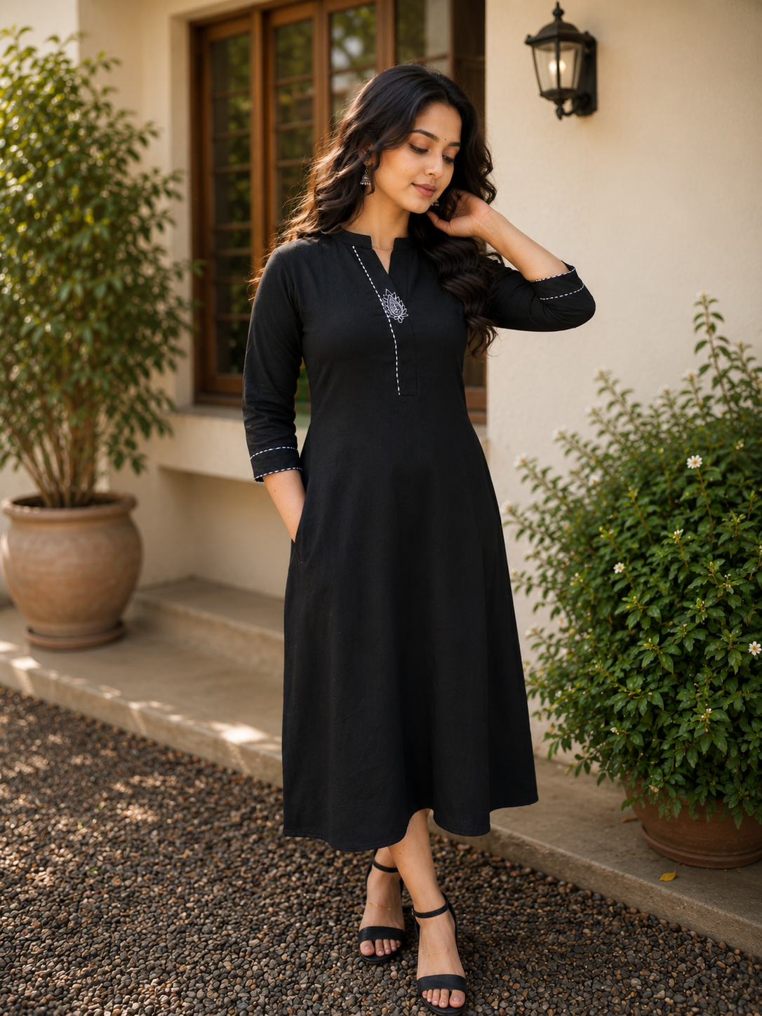 Black flex Aline kurti with thread detailed neckline and sleeves MBS-1180
