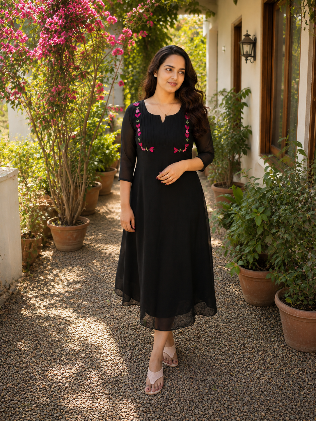 Black georgette Aline kurti with handworked and pintucked yoke MBS-1406 **Ready to dispatch**