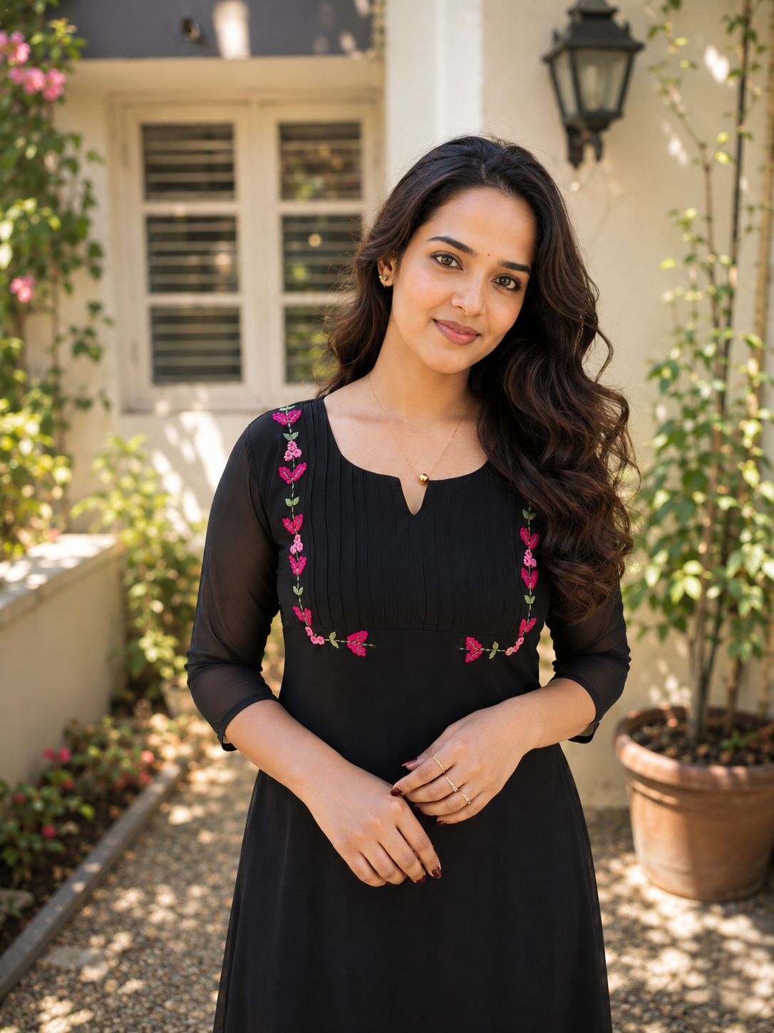 Black georgette Aline kurti with handworked and pintucked yoke MBS-1406 **Ready to dispatch**