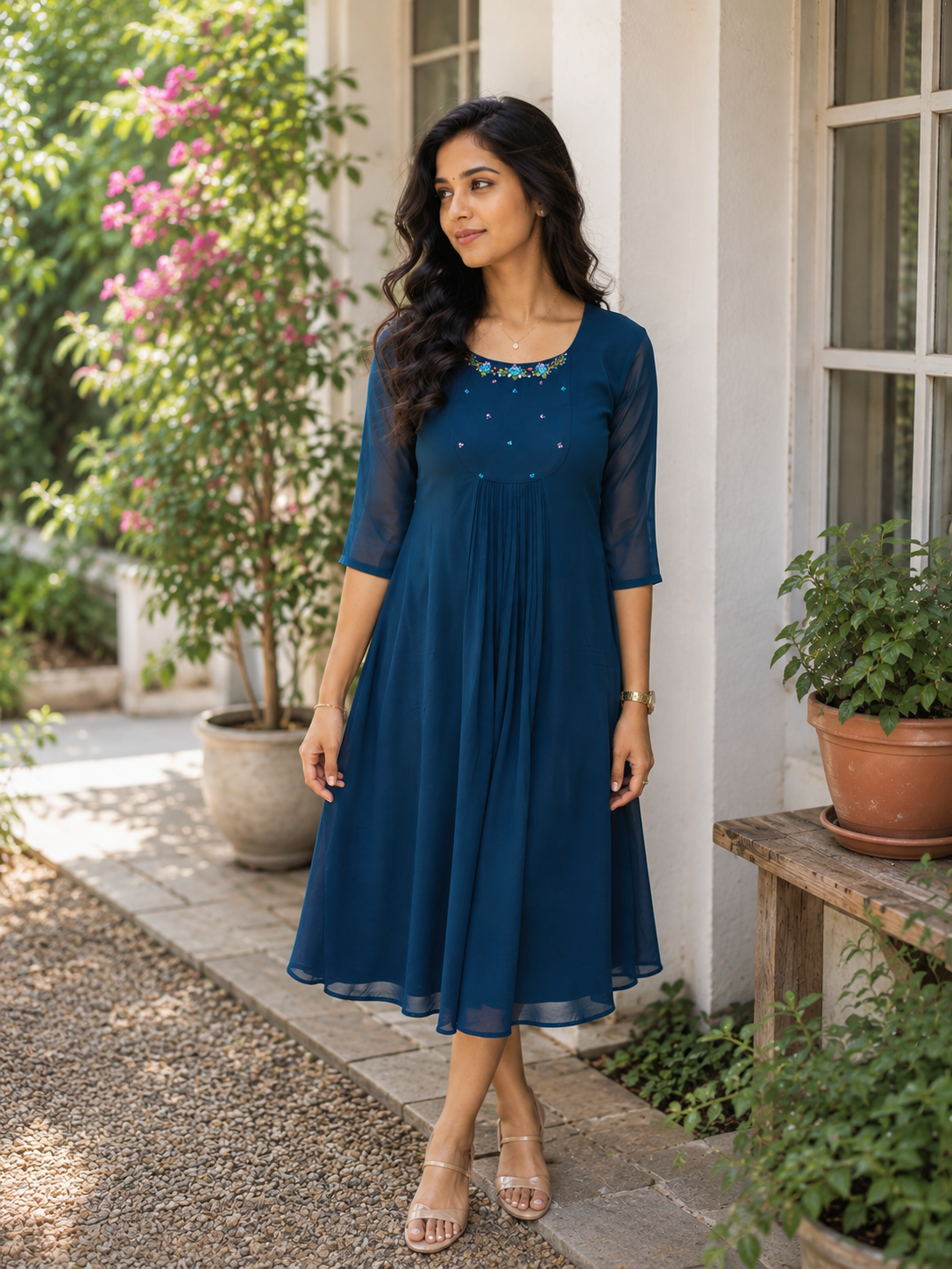 Blue shaded georgette Aline kurti with handworked yoke and gathers MBS-1366 **Ready to dispatch**