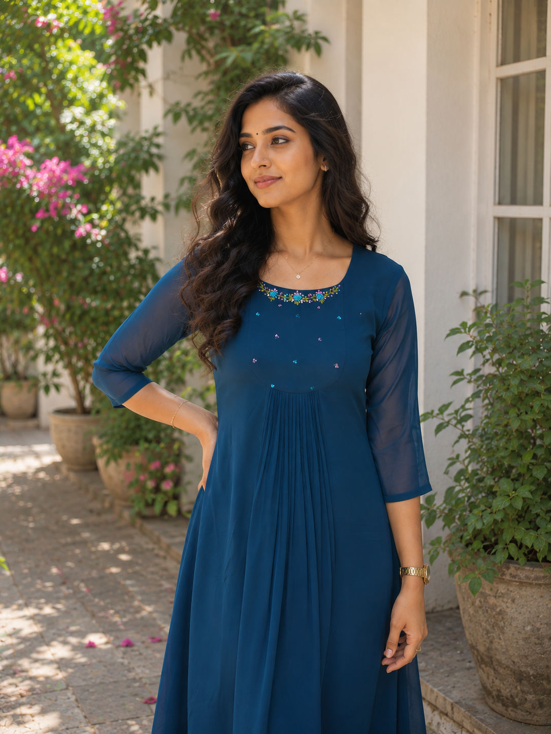 Blue shaded georgette Aline kurti with handworked yoke and gathers MBS-1366 **Ready to dispatch**