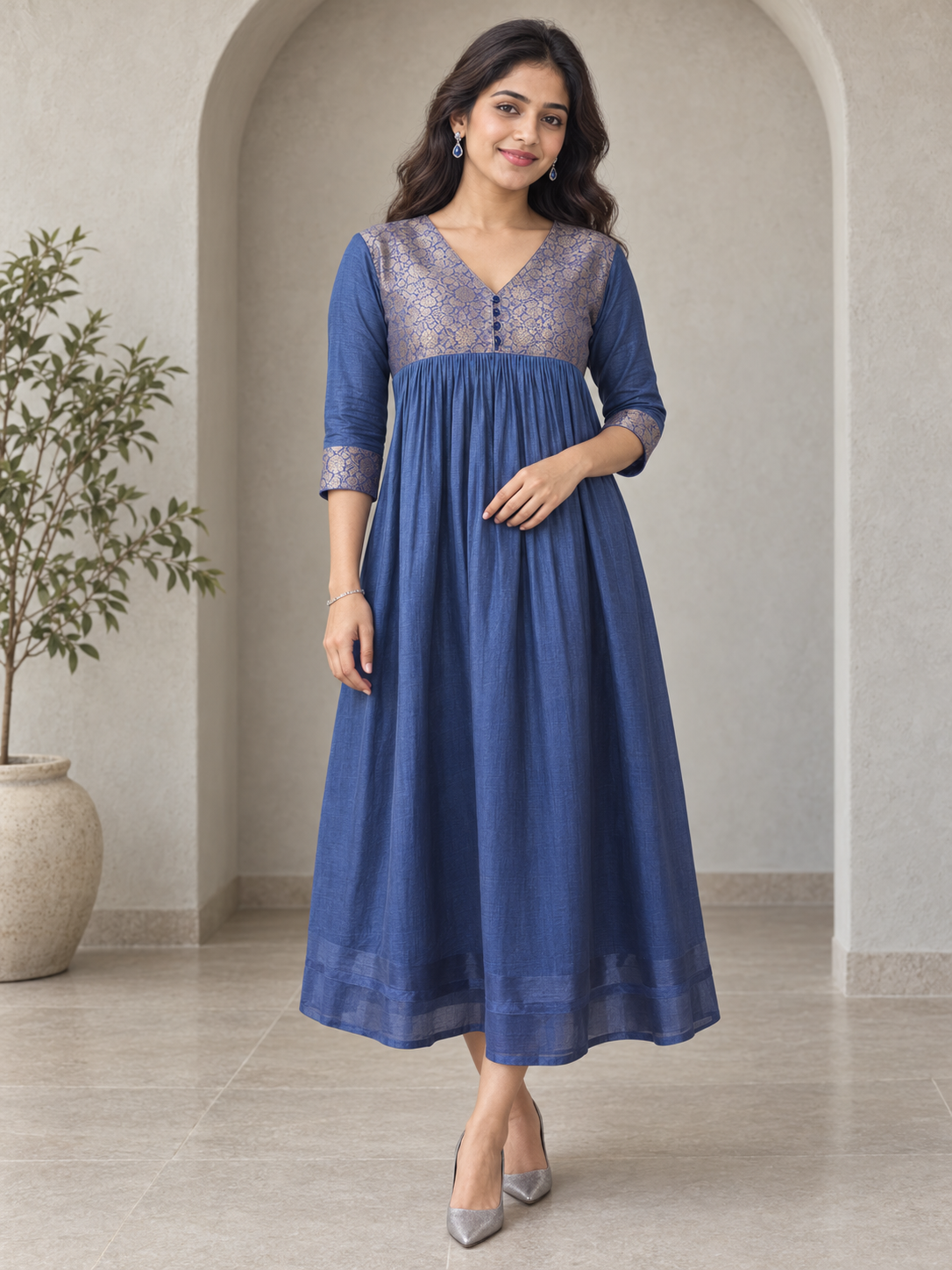Blue double shaded badri silk Kurti with brocade patch MBS-1410 **Ready to dispatch**