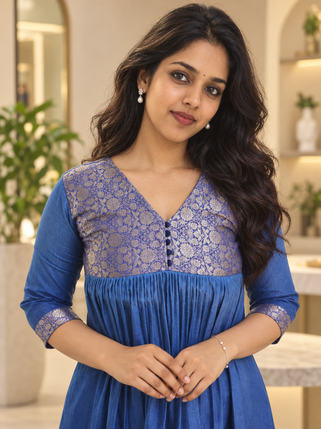 Blue double shaded badri silk Kurti with brocade patch MBS-1410 **Ready to dispatch**