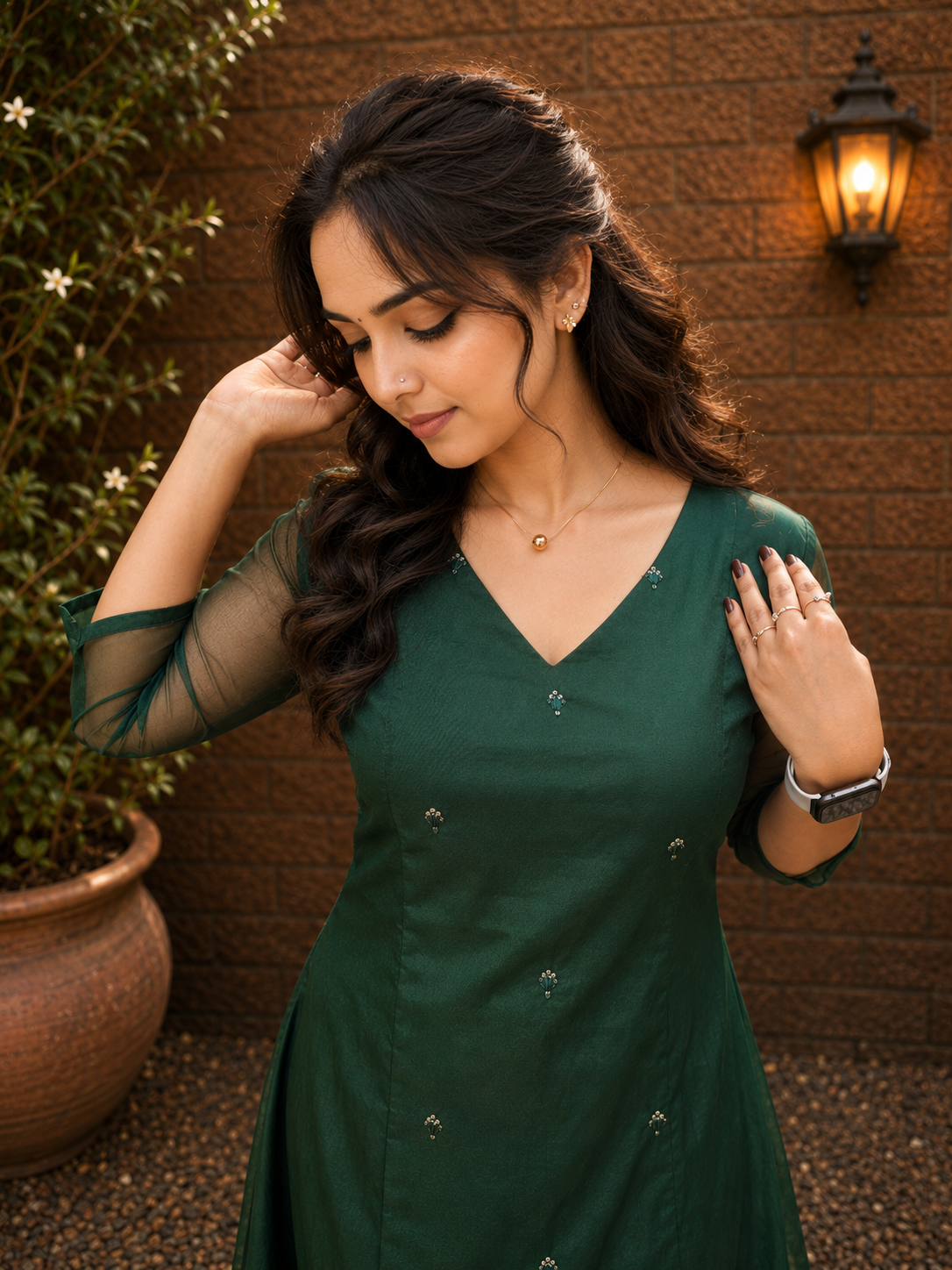 Bottle green organza Aline kurti with handworked middle panel and neckline MBS-1327 **Ready to dispatch**