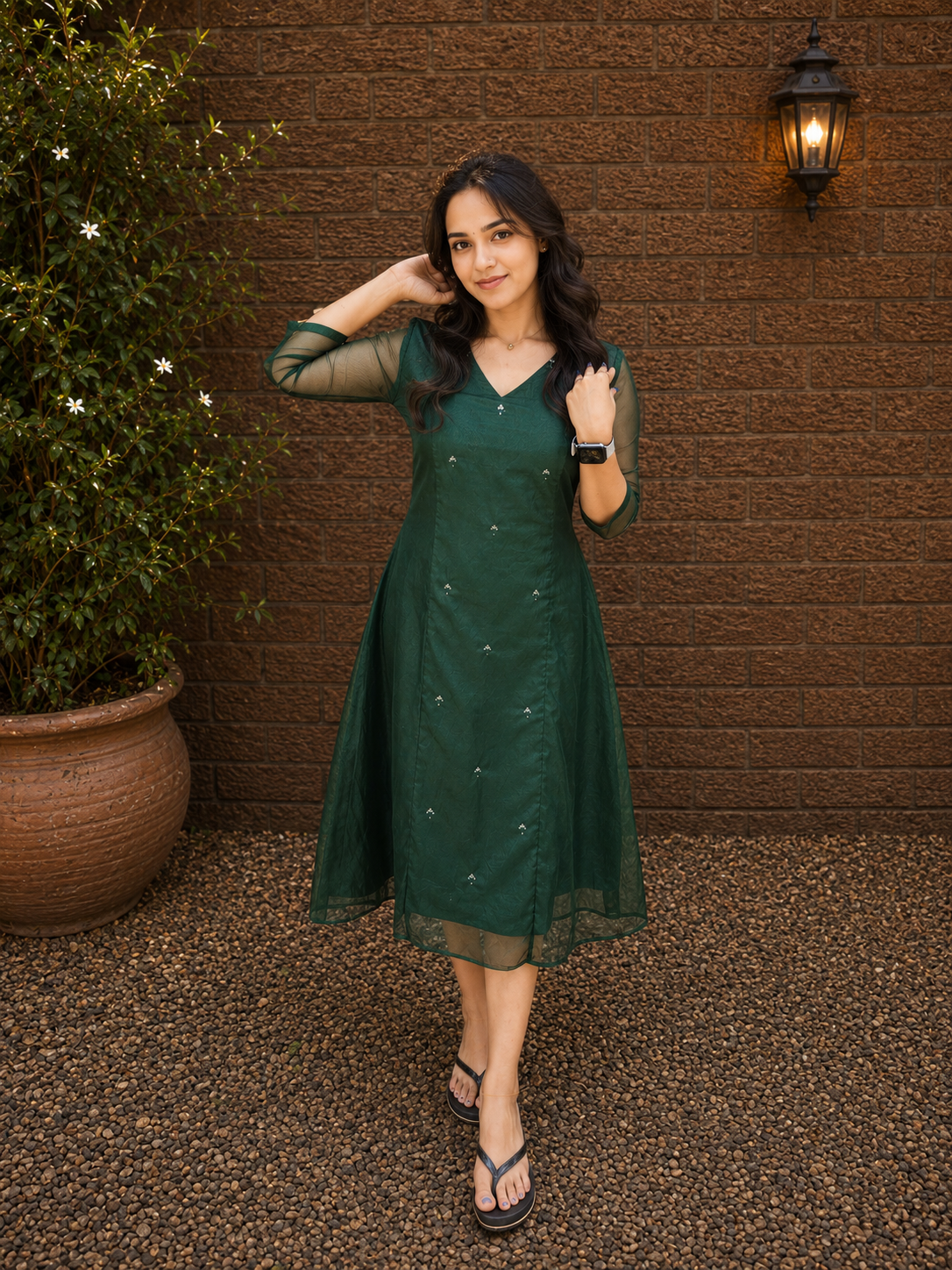 Bottle green organza Aline kurti with handworked middle panel and neckline MBS-1327 **Ready to dispatch**
