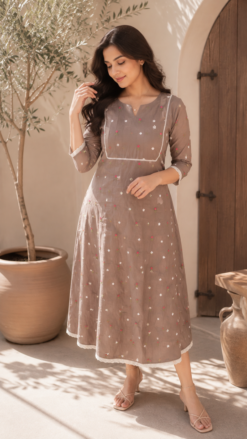 Brown mul chanderi Aline kurti with all over floral embroidery MBS-1367 **Ready to dispatch**