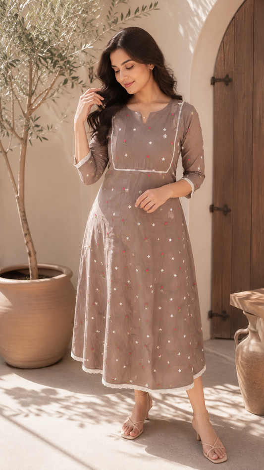 Brown mul chanderi Aline kurti with all over floral embroidery MBS-1367 **Ready to dispatch**