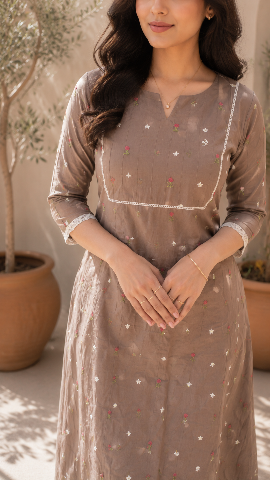 Brown mul chanderi Aline kurti with all over floral embroidery MBS-1367 **Ready to dispatch**