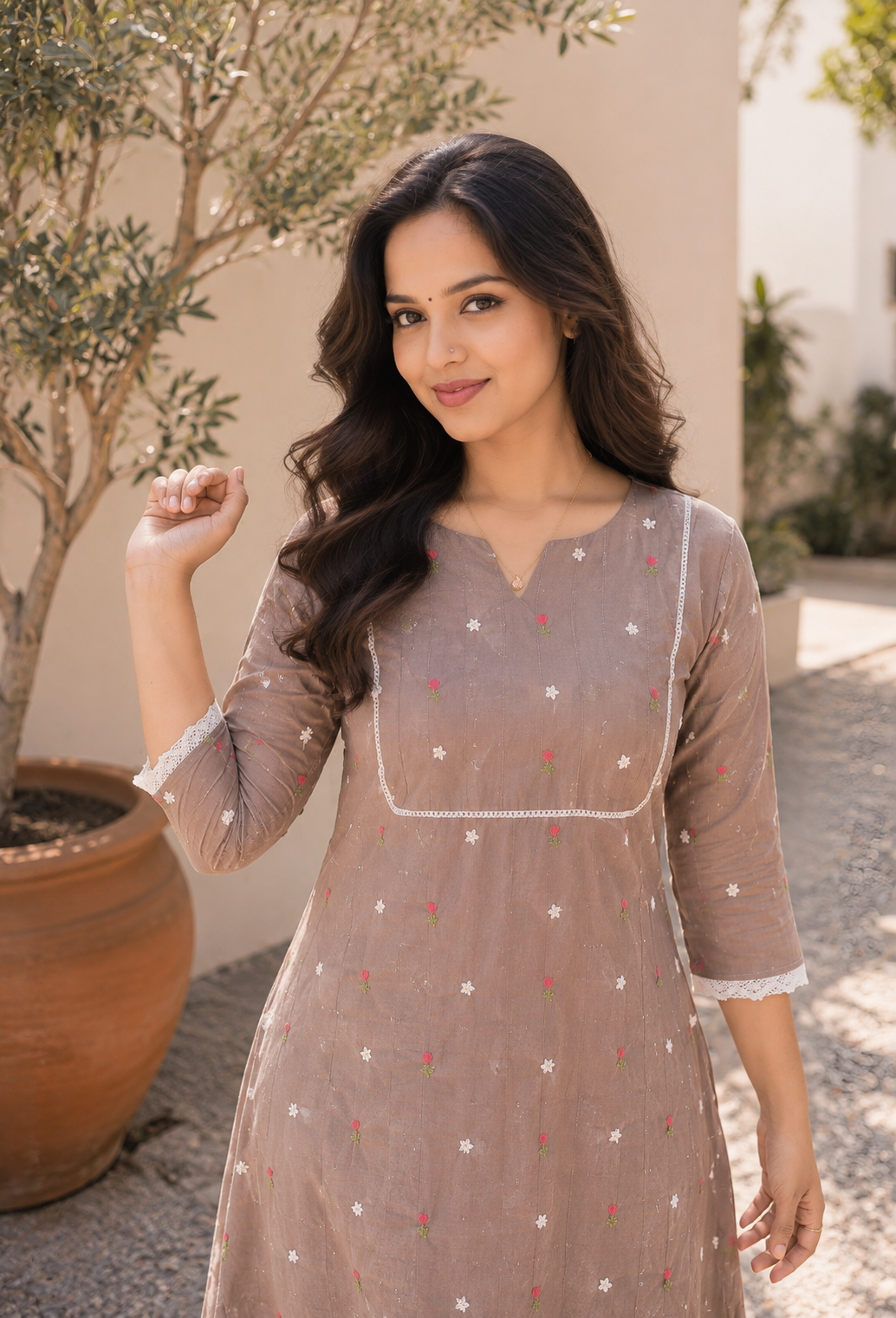 Brown mul chanderi Aline kurti with all over floral embroidery MBS-1367 **Ready to dispatch**