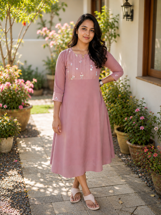 Mauve shaded georgette Aline kurti with pintucked chanderi yoke MBS-1372 **Ready to dispatch**