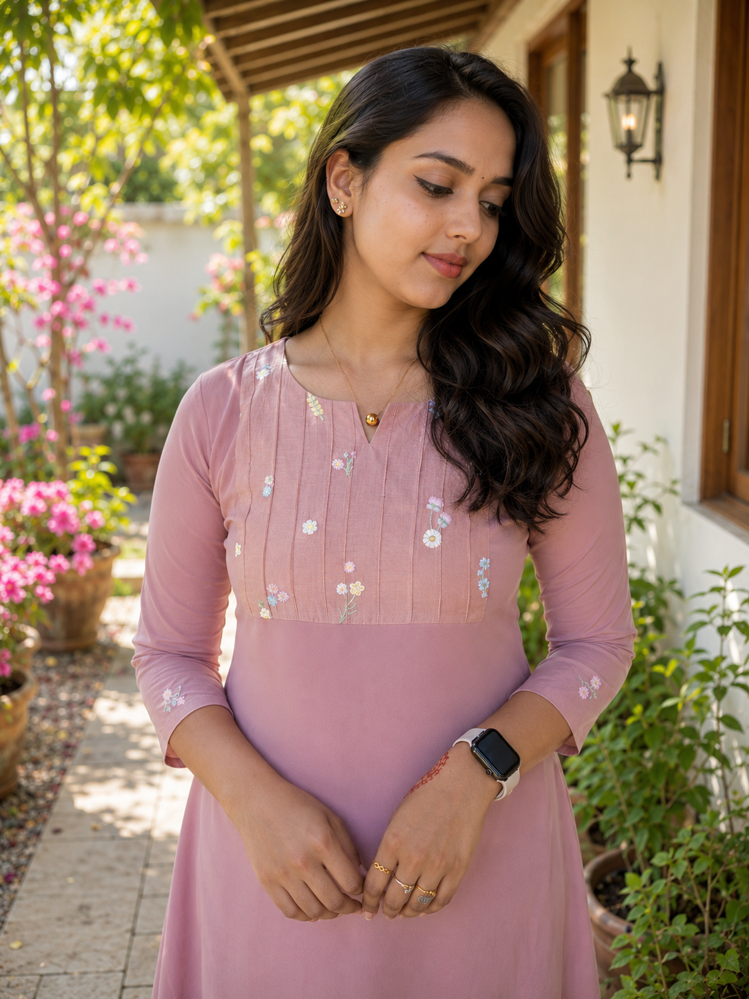 Mauve shaded georgette Aline kurti with pintucked chanderi yoke MBS-1372 **Ready to dispatch**