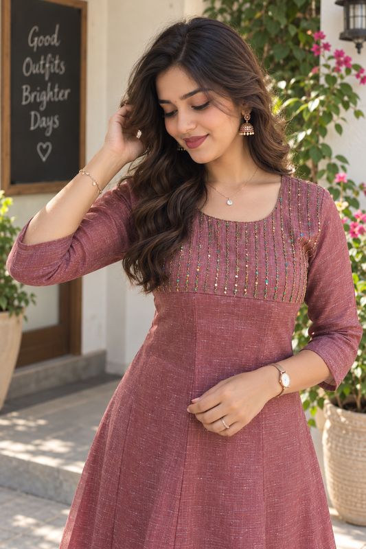 Jute mix (weaved with golden zari) cotton panel cut Aline kurti with hand embroidered yoke MBS-1414 **Ready to dispatch**
