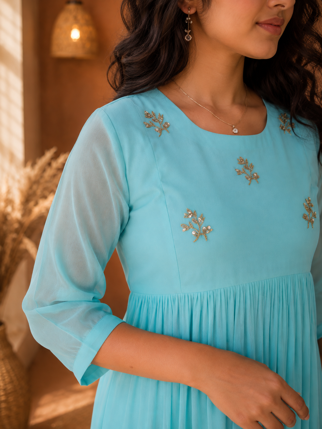 Cyan blue shaded georgette Aline kurti with handworked yoke MBS-1351 **Ready to dispatch**