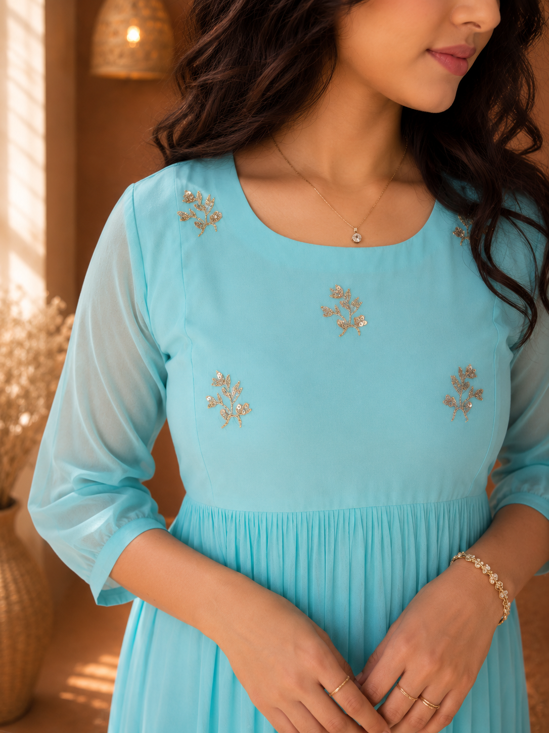 Cyan blue shaded georgette Aline kurti with handworked yoke MBS-1351 **Ready to dispatch**