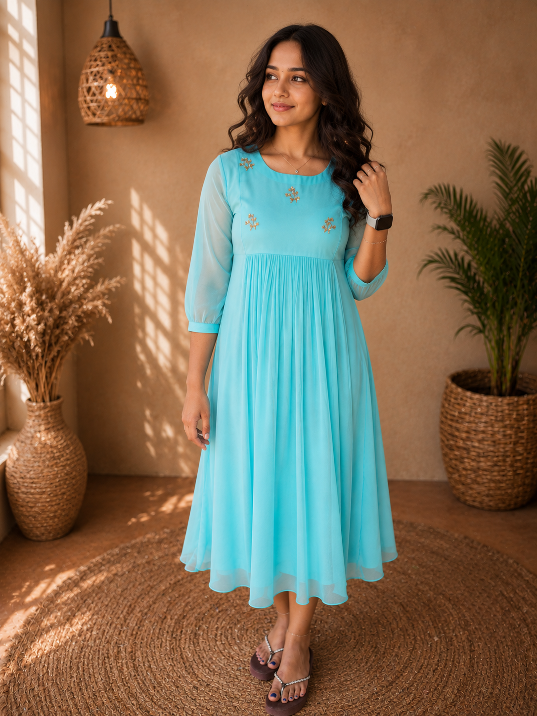 Cyan blue shaded georgette Aline kurti with handworked yoke MBS-1351 **Ready to dispatch**