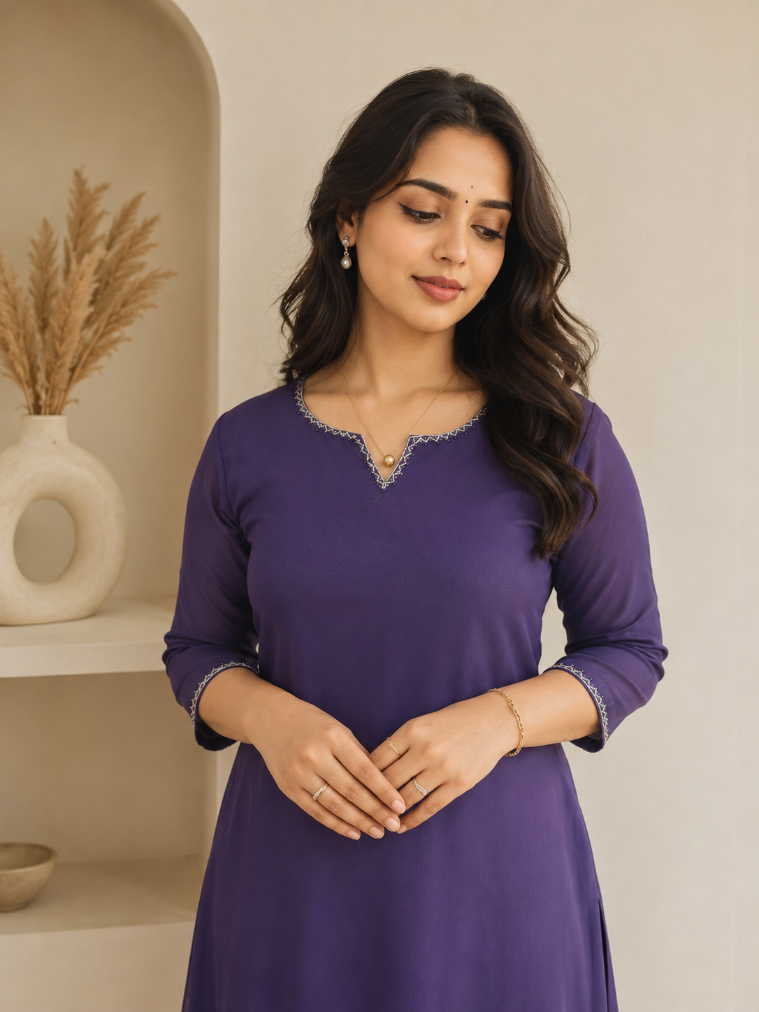 Dark lavender georgette Aline kurti with handworked neckline and sleeves MBS-1354 **Ready to dispatch**