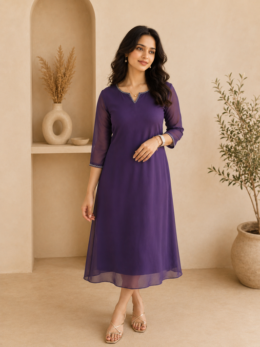 Dark lavender georgette Aline kurti with handworked neckline and sleeves MBS-1354 **Ready to dispatch**