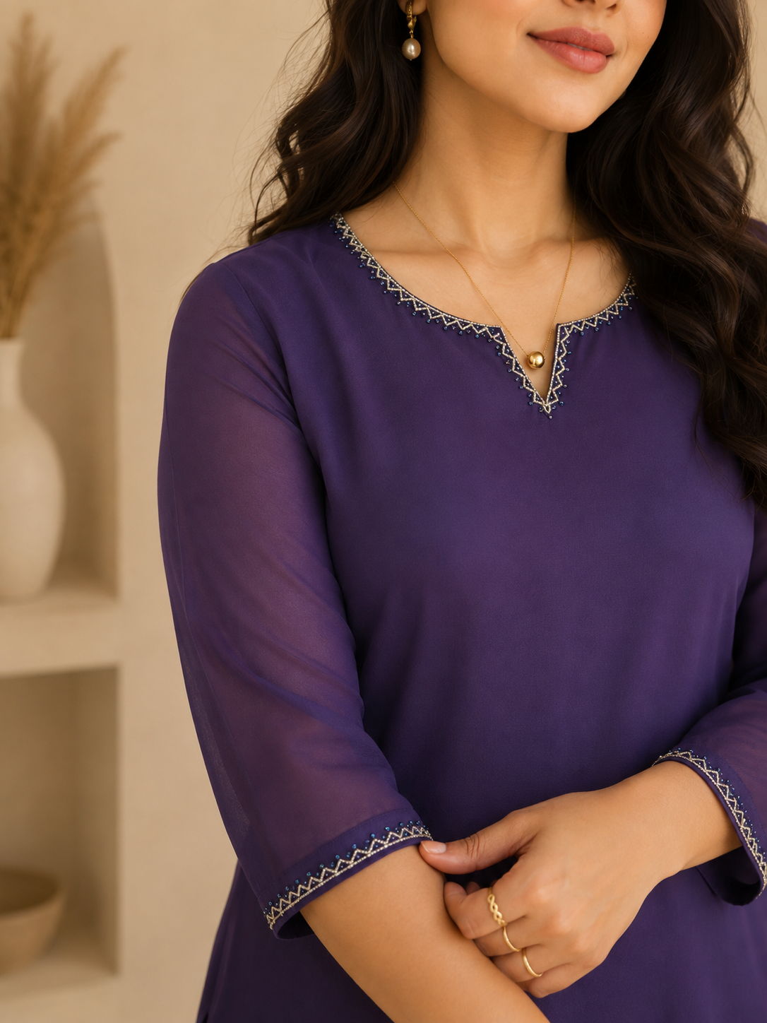 Dark lavender georgette Aline kurti with handworked neckline and sleeves MBS-1354 **Ready to dispatch**