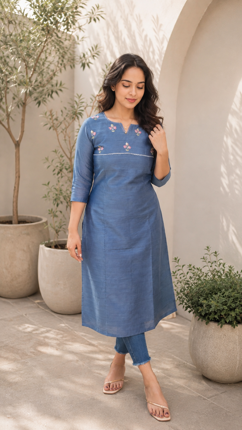 Cool blue shaded semi linen kurti with panel cut and handworked yoke MBS-1345 **Ready to dispatch**